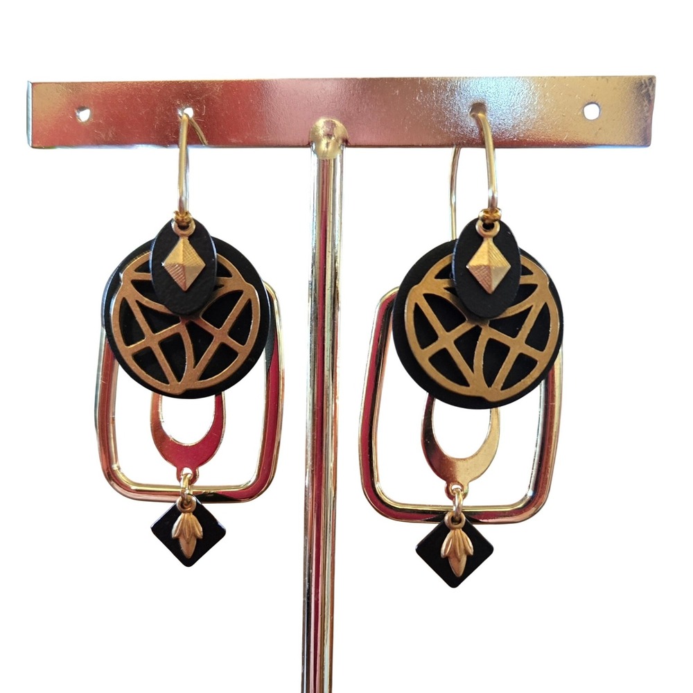 Charmed, Mixed Media Drop Dangle Statement Earrings Gold Tone Black Whimsygoth